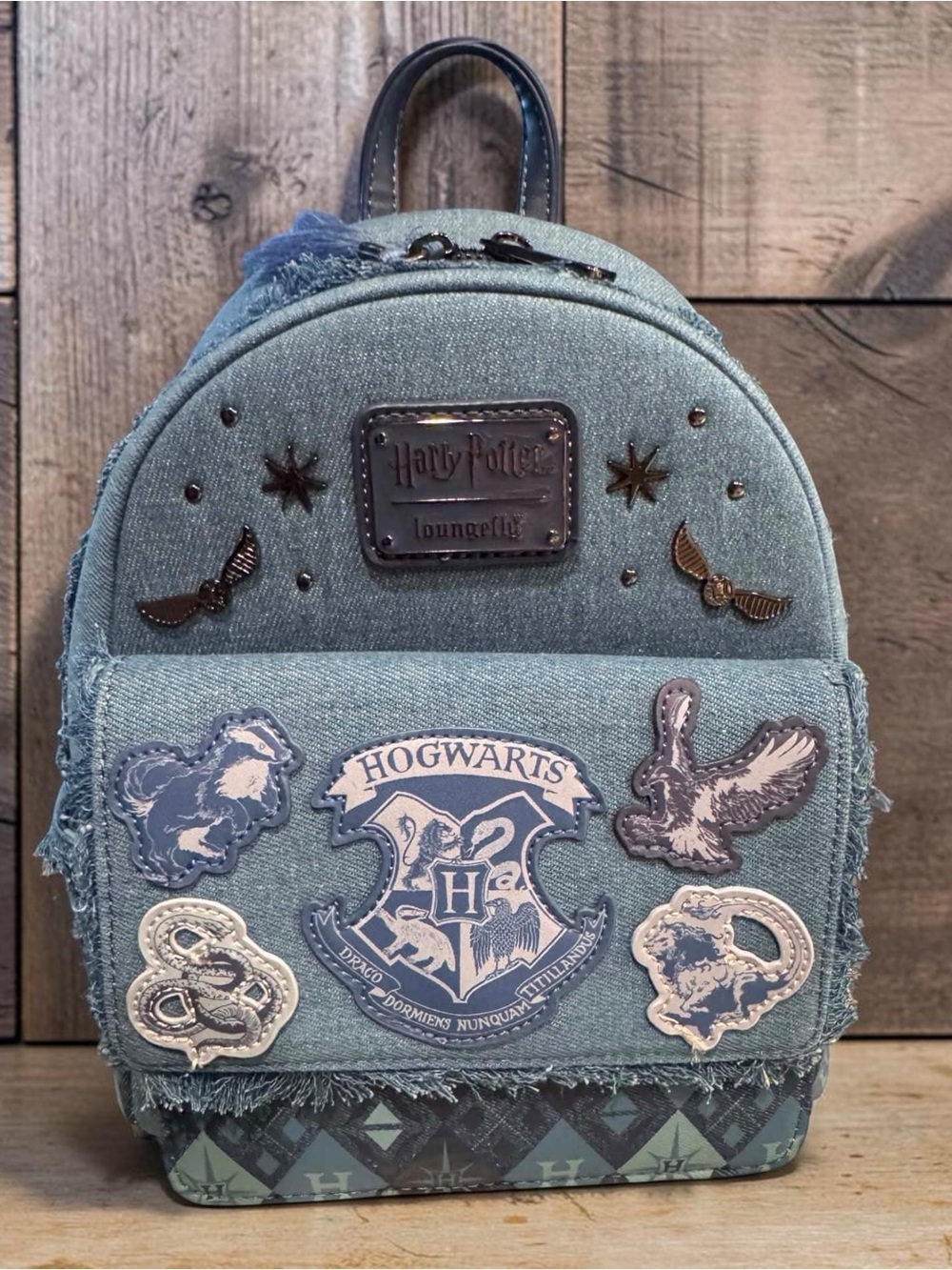 RARE HARRY POTTER Loungefly Denim & leather Hogwarts Crest Mini Backpack - Blue